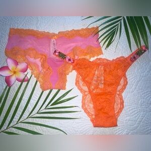 Victoria’s Secret Pink Orange Bundle Lace Shine Strap Brazilian Cheeky Panties